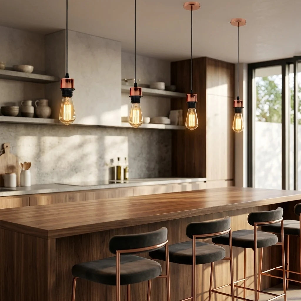 Three copper-finished pendant lights with black cords and clear glass bulbs hang over a wooden kitchen island with dark bar stools in a modern kitchen setting.