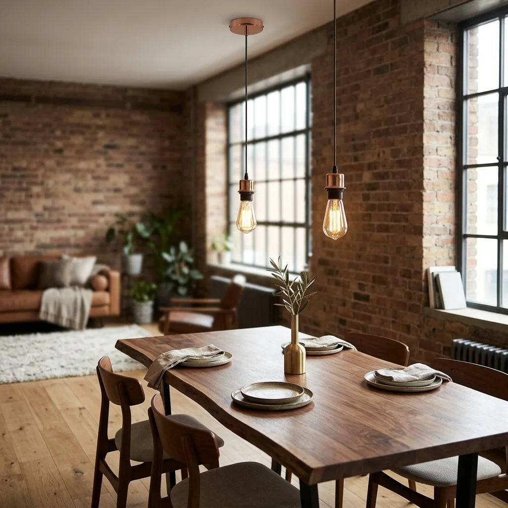 A rustic wooden dining table set with plates and chairs in a loft-style dining room with exposed brick walls, large windows, and two hanging copper-finished pendant lights.