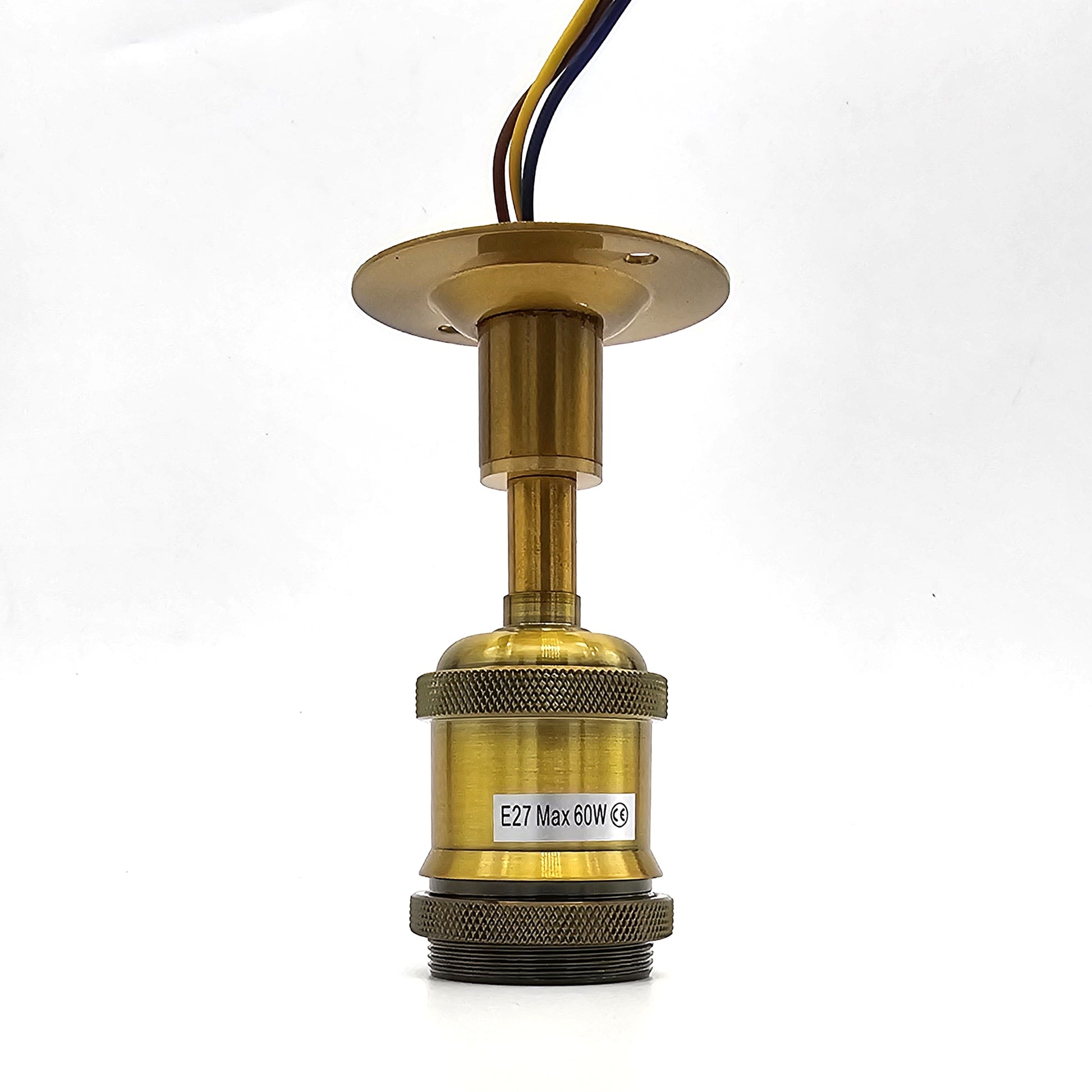 A ceiling-mounted E27 lamp holder in yellow brass