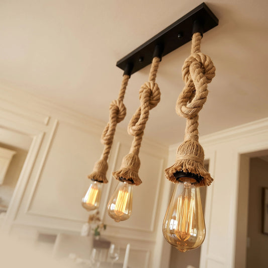  Linear Bar E27 | 2m Hemp Rope 3 Drop Ceiling Pendant Light  ~6992