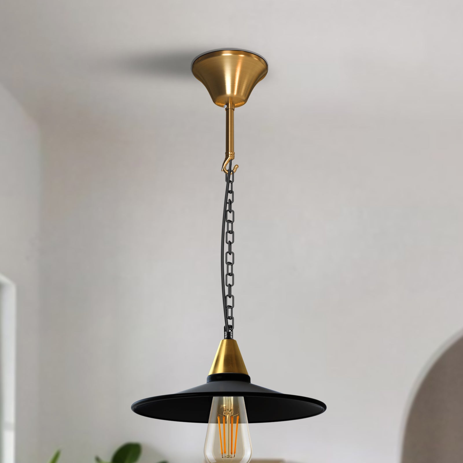 Satin nickel ceiling rose with E27 lamp holder and braided cable