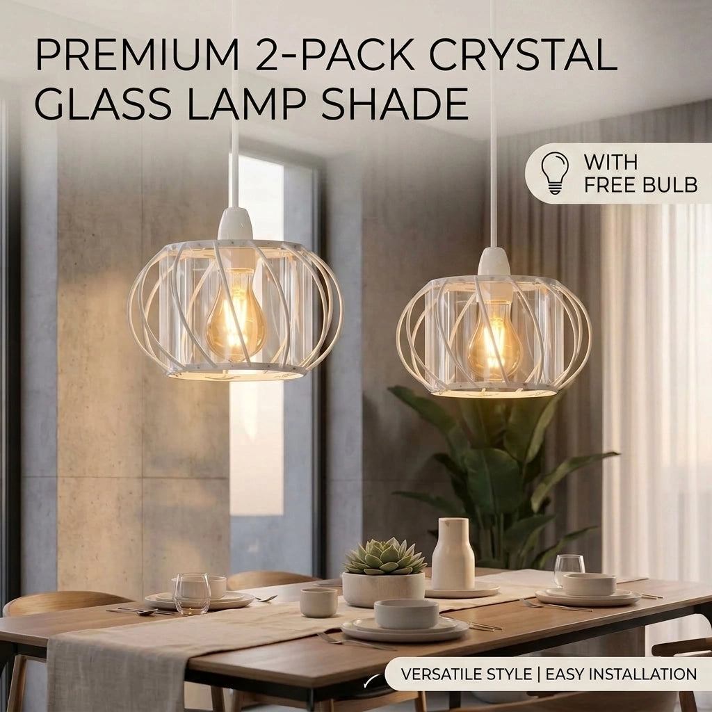 Two crystal glass cage pendant lamp shades hanging over a dining table in a modern room, with text overlays reading 'PREMIUM 2-PACK CRYSTAL GLASS LAMP SHADE' and 'WITH FREE BULB'.