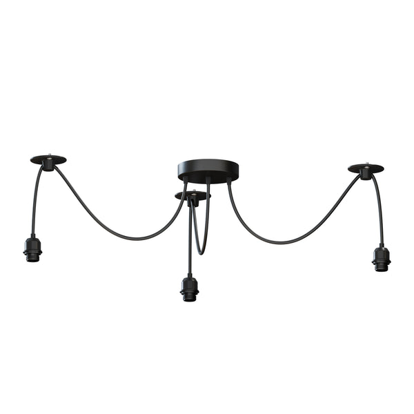 Zwarte hanglamp Spider met rubberen kabel, metalen lamphouder~1122  – 3-koppige spinnenhanger