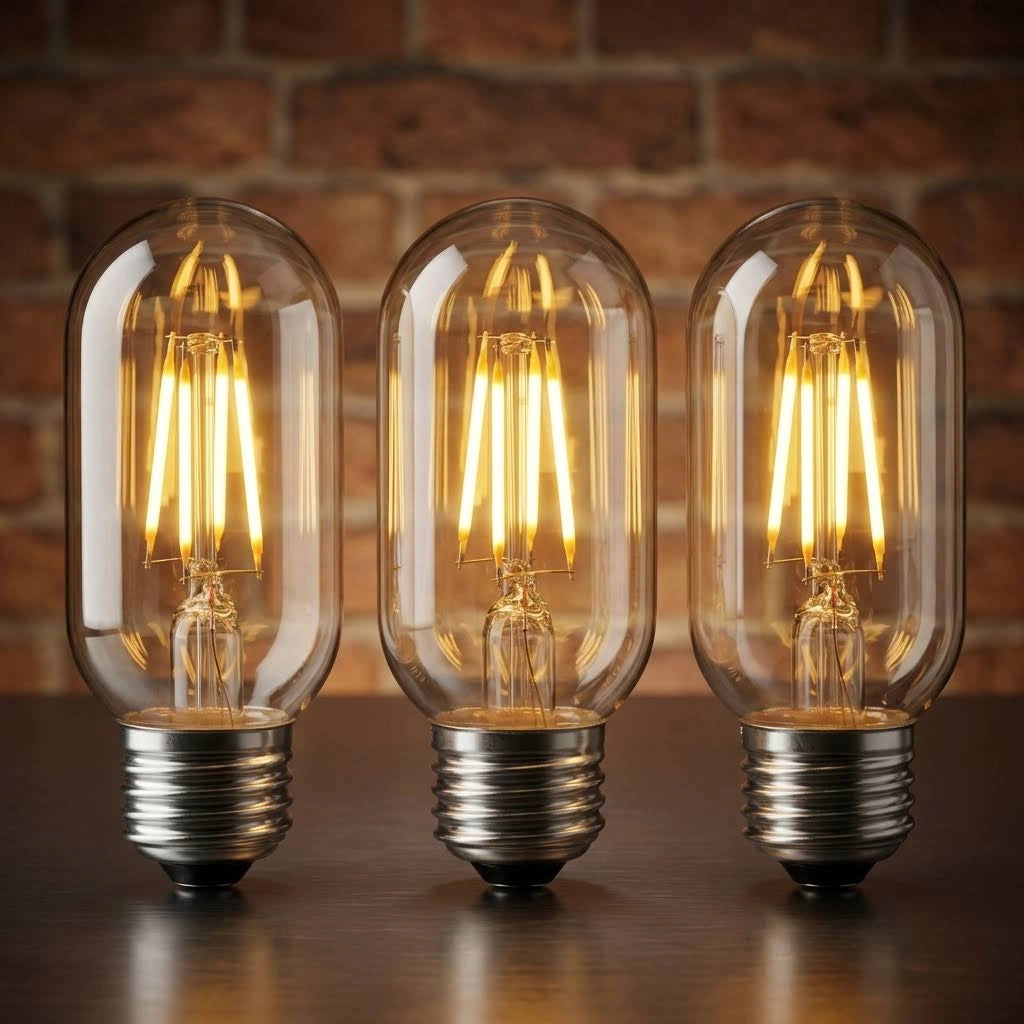Three vintage-style filament light bulbs with clear glass envelopes and silver screw bases, arranged side by side on a dark surface against a blurred brick wall background.