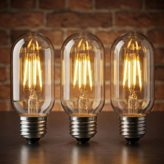 Three vintage-style filament light bulbs with clear glass envelopes and silver screw bases, arranged side by side on a dark surface against a blurred brick wall background.