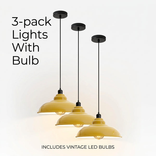 3-Pack Industrial Pendant Lights Curvy Ceiling Lamp ~6616 – Yellow / Yes
