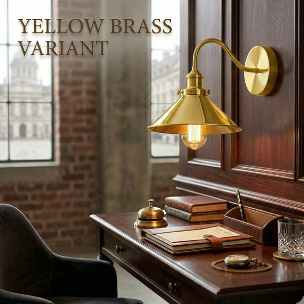 Industriële zwanenhals wandlamp vintage wandlamp ~1196 – Geel messing / Met lamp