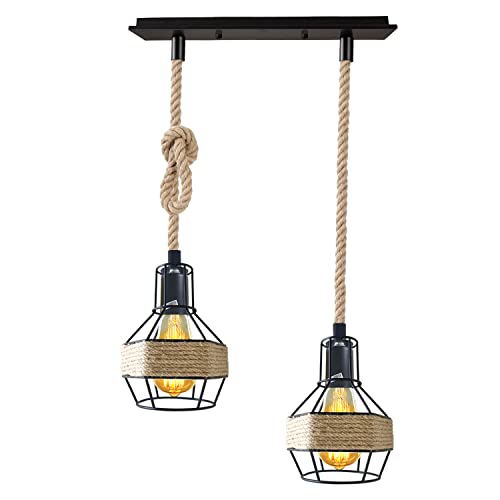 Industrial Hemp Rope Pendant Light - Black Cage  E27 Ceiling Chandelier | Adjustable Height ~6203 – Rectangle 2 + Bulbs