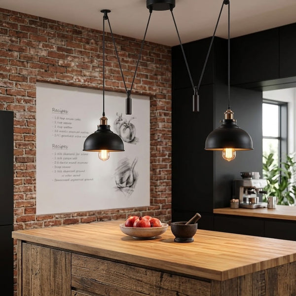 Adjustable 2-Light Pulley Pendant Light | Black Industrial Ceiling Fixture~6405 – Yes