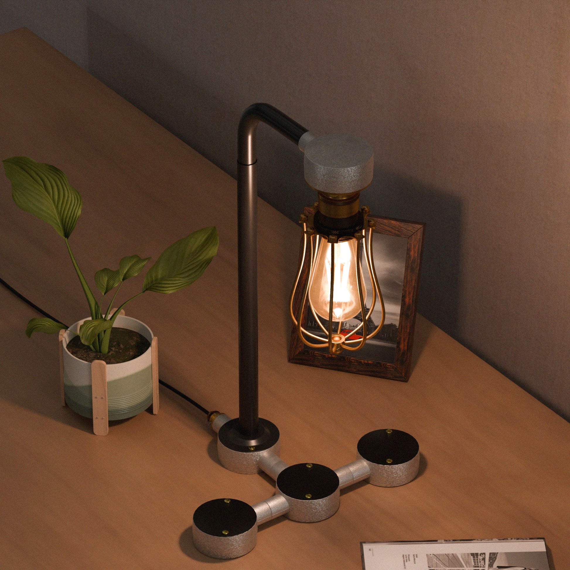 black conduit pipe desk lamp kit with a dimmer switch.