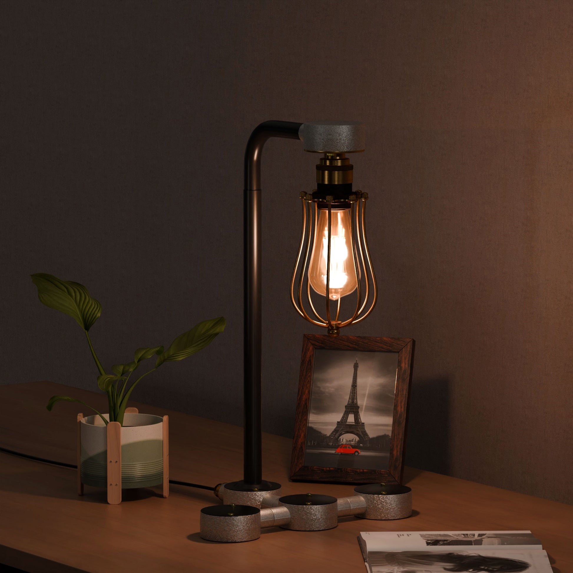 black conduit pipe desk lamp kit with a dimmer switch.