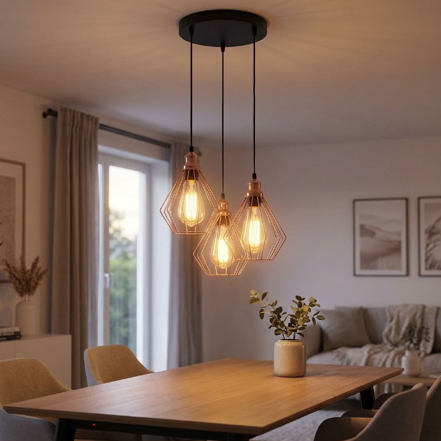 Three-light copper wire pendant chandelier hanging over a wooden dining table in a modern, softly lit dining room.