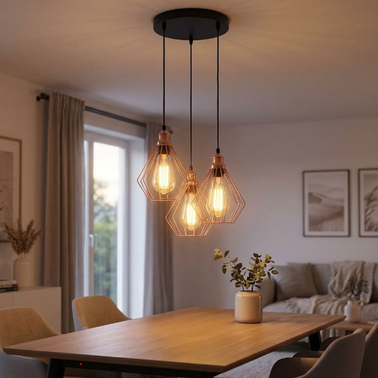 Three-light copper wire pendant chandelier hanging over a wooden dining table in a modern, softly lit dining room.