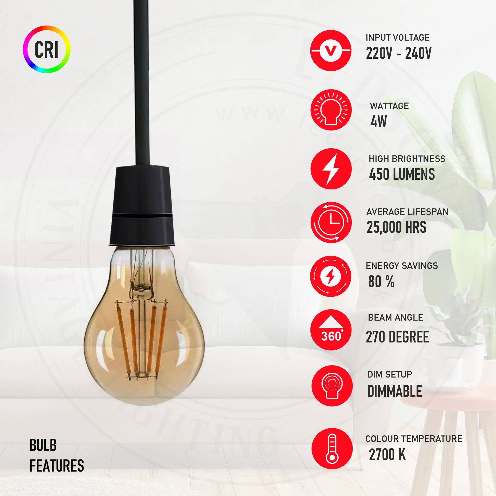 A60 E27 4W/8W filament Bulb Amber Warm White Screw 2700K