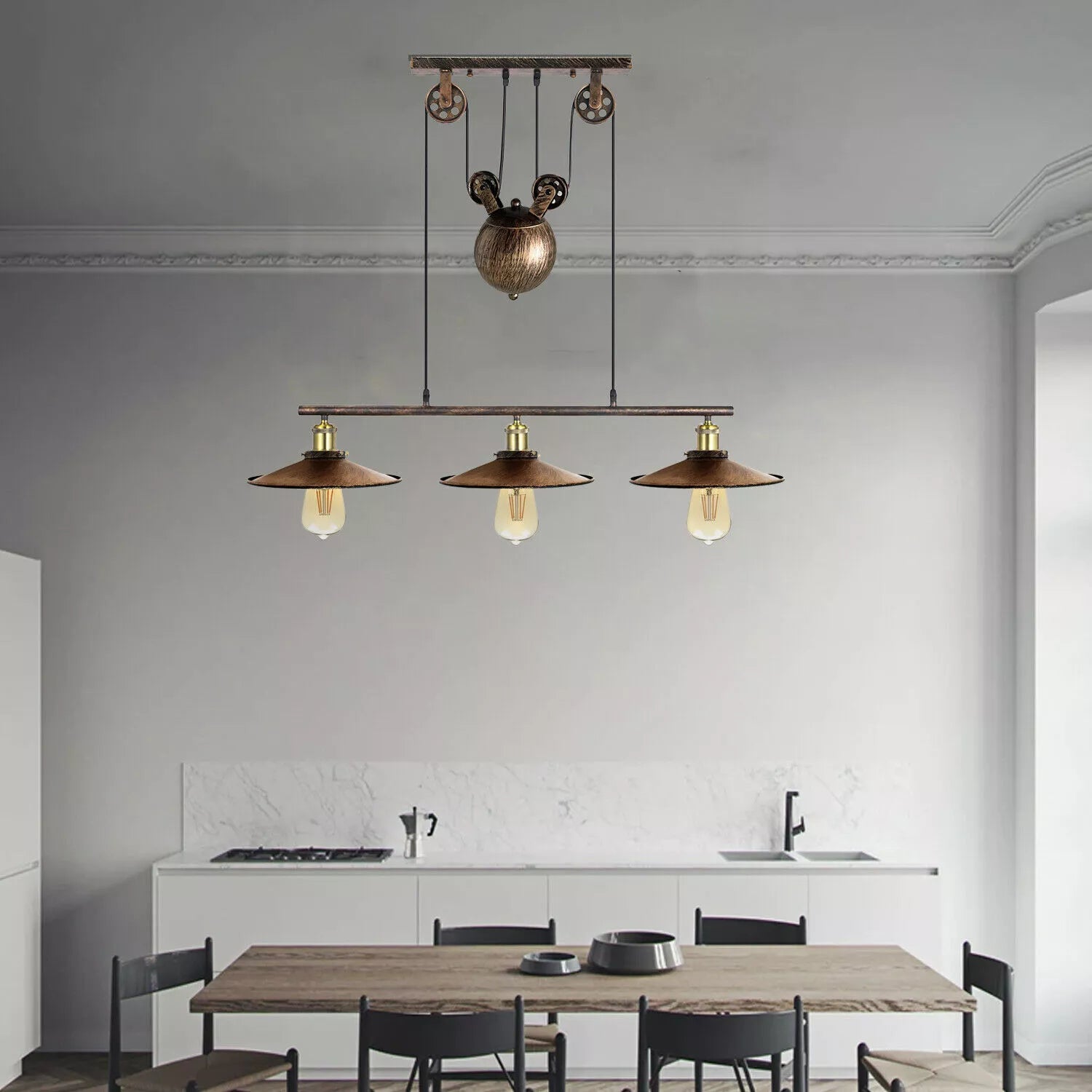 vintage ceiling pendant light with a pulley system