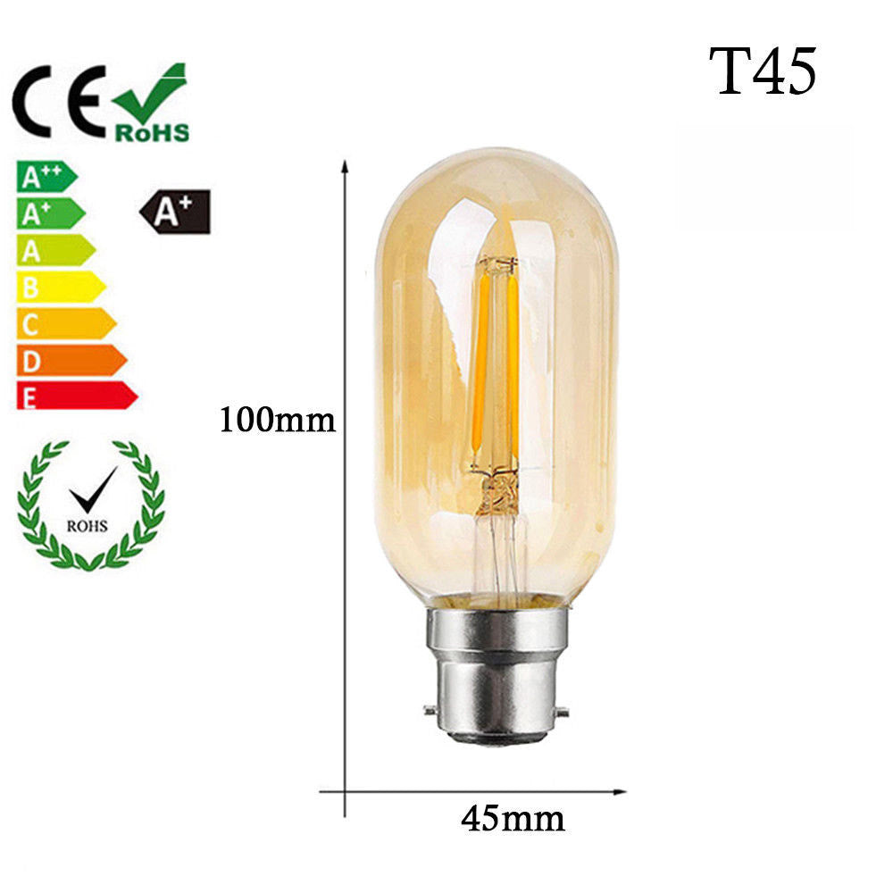 A T45 LED filament light bulb with a clear glass envelope and a silver bayonet base, shown on a white background with dimension labels of 100mm height and 45mm width, plus CE, RoHS, and energy rating icons.