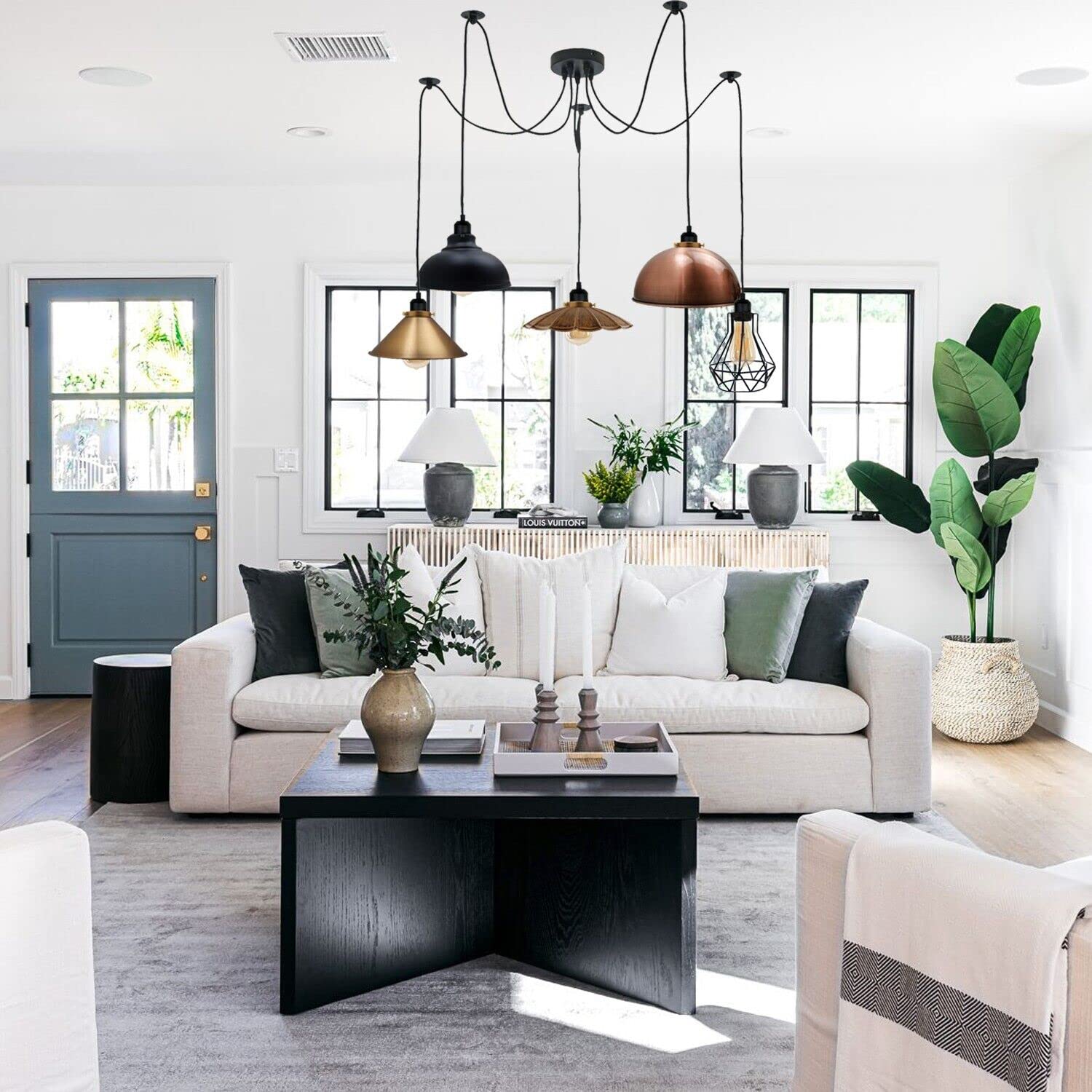 light side spider vintage 5-light spider chandelier with Edison bulbs, black industrial pendant light kit, adjustable retro ceiling light set, vintage 5-head fixture for dining table, exposed filament bulb chandelier