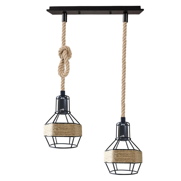 Industrial Hemp Rope Pendant Light - Black Cage  E27 Ceiling Chandelier | Adjustable Height ~6203 – Rectangle 2 Head