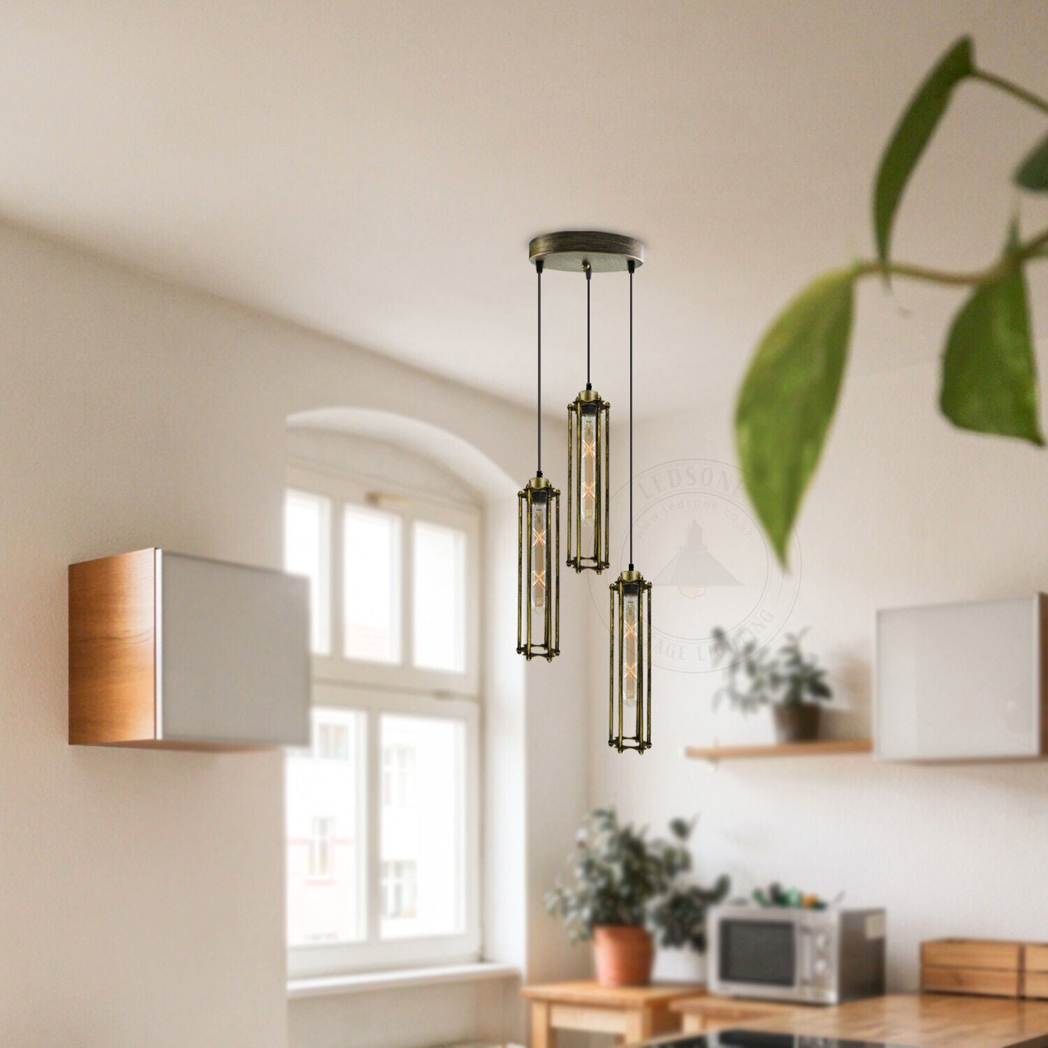 Three industrial style pendant ceiling lights