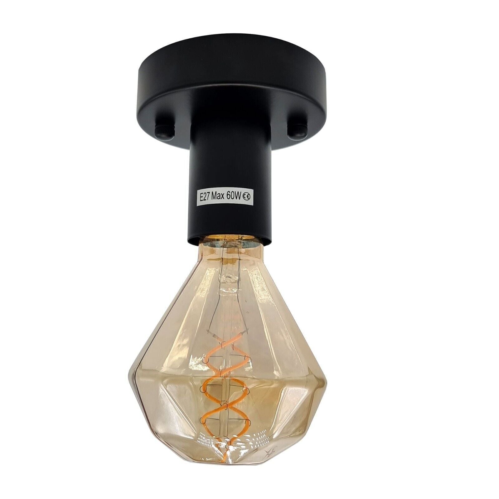 A ceiling-mounted industrial-style E27 plain pattern lamp bulb holder with a black finish and an exposed amber-colored bulb.