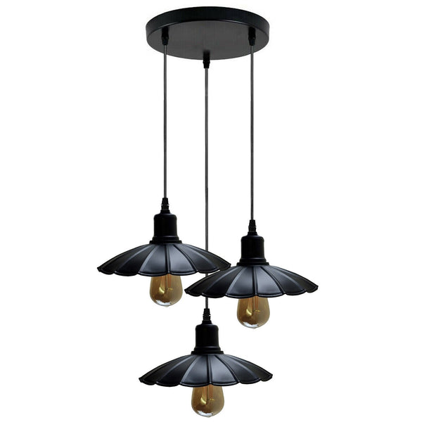 Vintage Industrial 3-Head Pendant Light | Black Metal Shades ~6435 – 3 Head Round Base / Yes