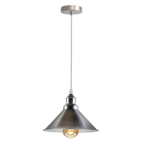 Industriële metalen plafondlamp met kegelvormige kap, gerenoveerd ~5738 – Satijnnikkel