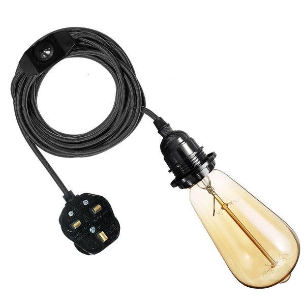 2M Plug-in Vintage E27 Dimmer Switch Stoffen Hanglamphouder met GRATIS LAMP~1267 – Zwart