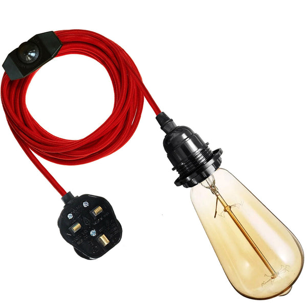 2M Plug-in Vintage E27 Dimmer Switch Stoffen Hanglamphouder met GRATIS LAMP~1267 – Rood