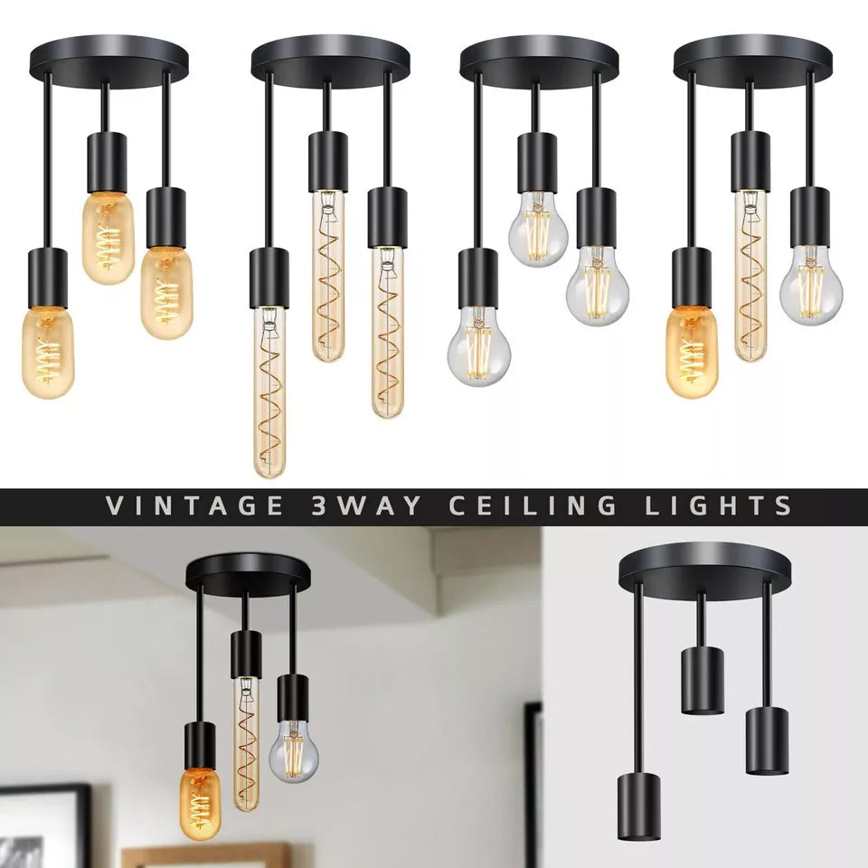 A collection of modern 3-way black metal ceiling light fixtures with exposed bulbs in a vintage style. The lights are displayed in various configurations, showing the versatility of the design.