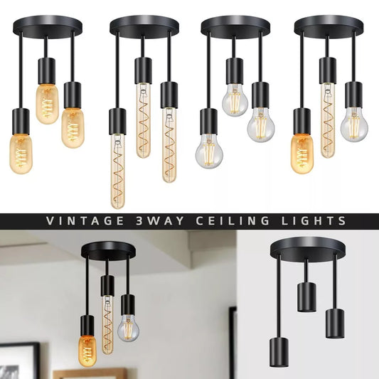 A collection of modern 3-way black metal ceiling light fixtures with exposed bulbs in a vintage style. The lights are displayed in various configurations, showing the versatility of the design.