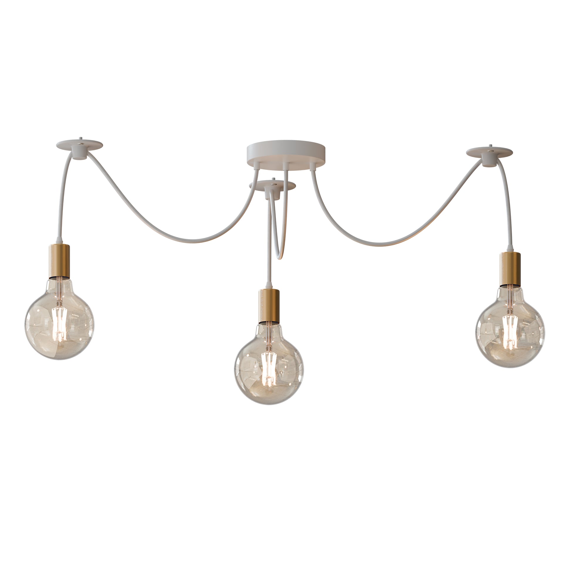 Three pendant ceiling lights with adjustable cables, each in different colors (blue, red, and green) and a central white metal ceiling rose.