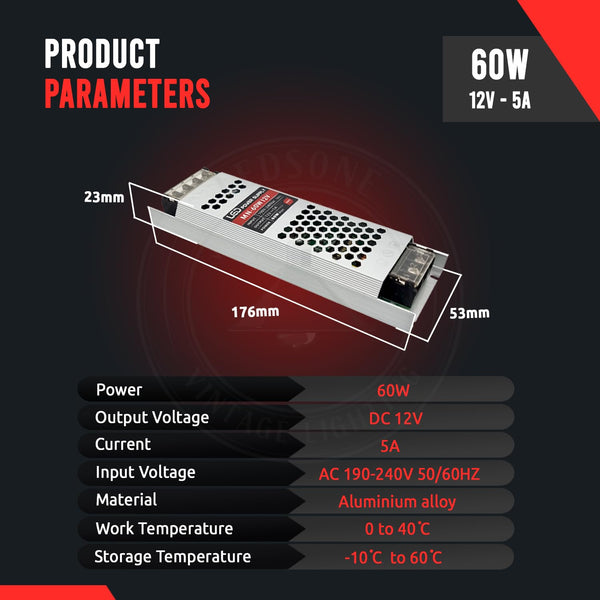 DC 12V voeding slanke IP20 transformator 60-300W AC 190V/240V LED driver~4472  – 60 watt