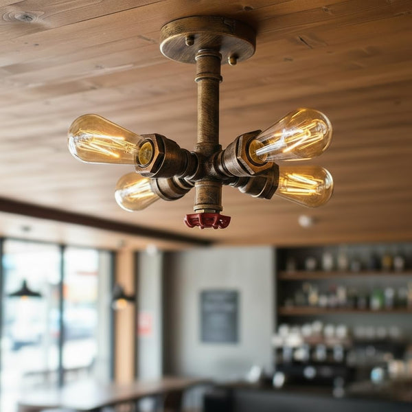 4-Light Steampunk Flush Mount Pipe Ceiling Light ~6542 – Brushed Copper