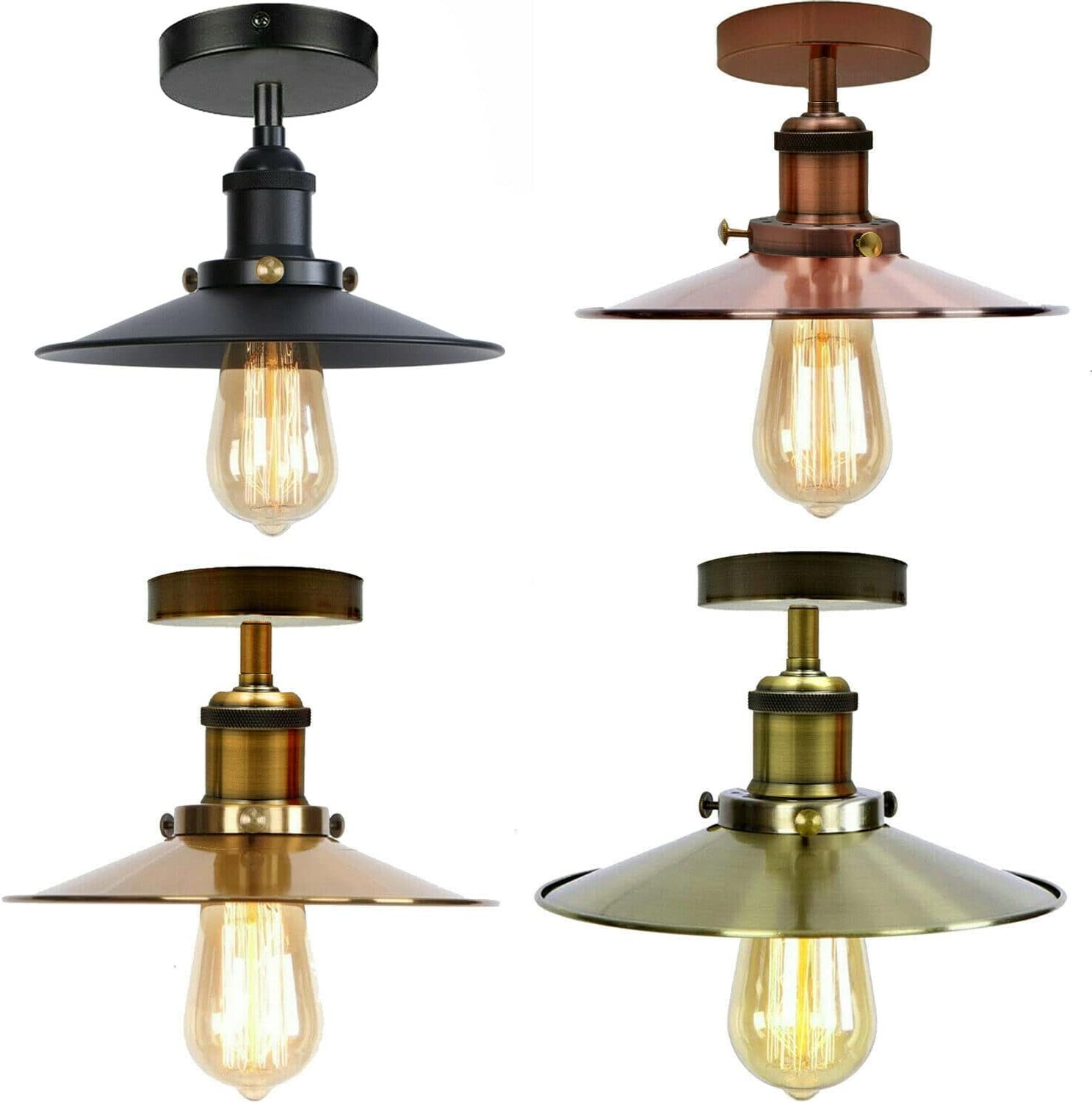 Four modern industrial semi-flush metal ceiling lights in various finishes