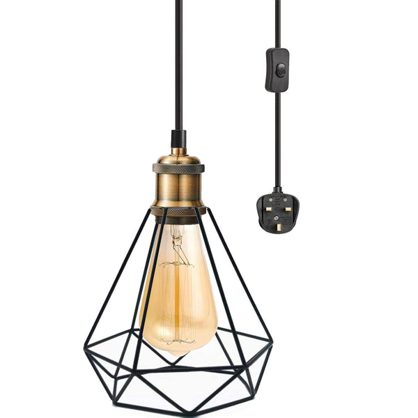 Plug In Pendant Light | Black Diamond Wire Cage | 4M Cord & Inline Switch ~6221 – Shade (3) With Bulb