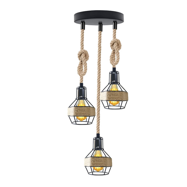 Industrial Hemp Rope Pendant Light - Black Cage  E27 Ceiling Chandelier | Adjustable Height ~6203 – Round 3 + Bulbs