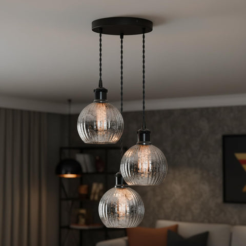 Industrial 3-Light Ribbed Glass Pendant | Adjustable Black Cluster ~6532