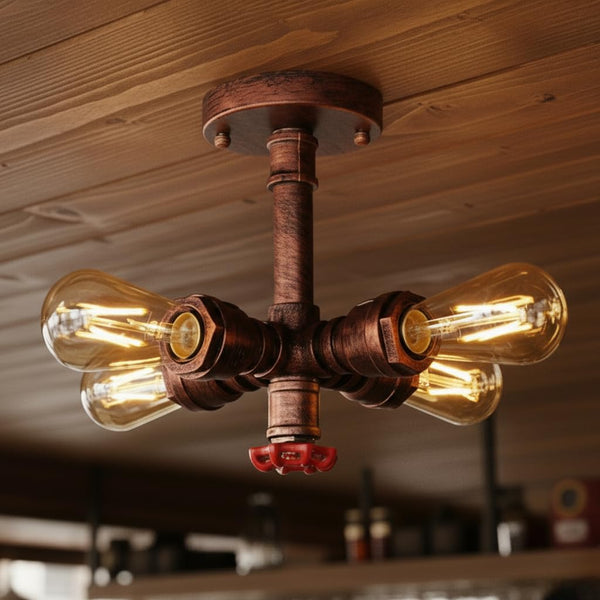 4-Light Steampunk Flush Mount Pipe Ceiling Light ~6542 – Rustic Red