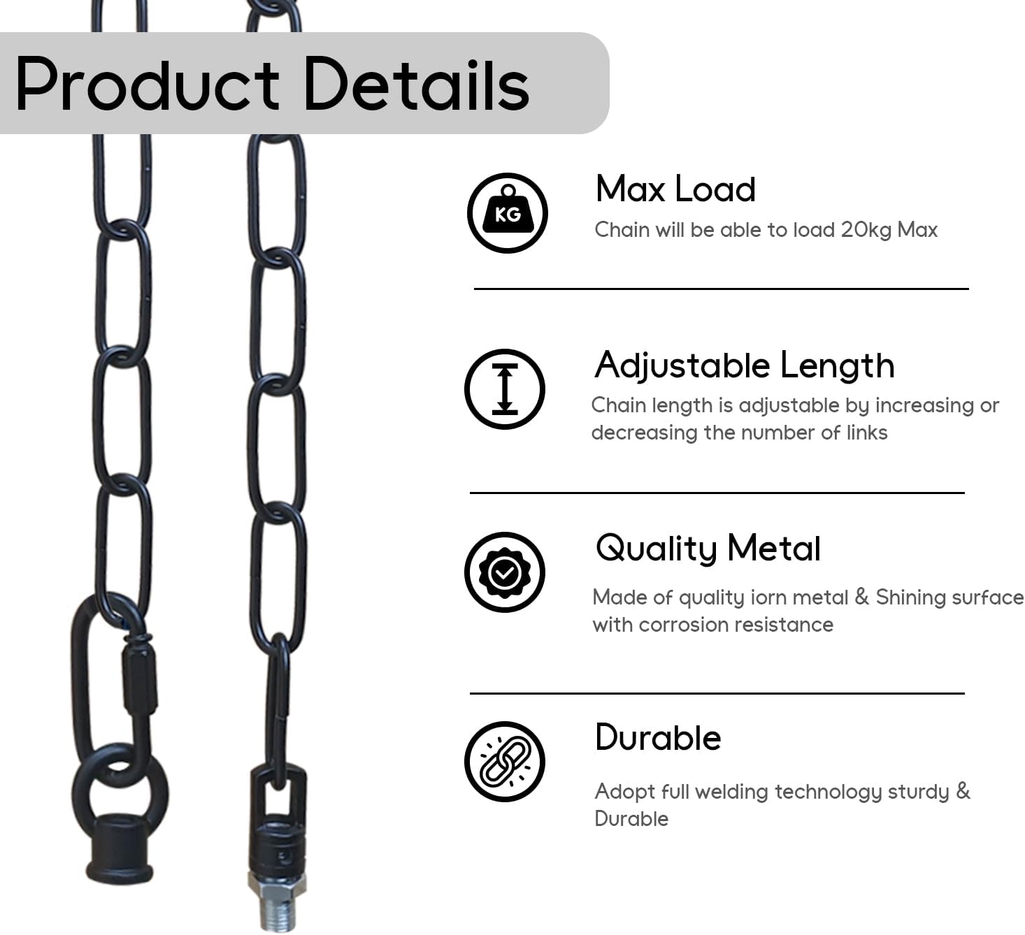 Black chain with product details on a white background