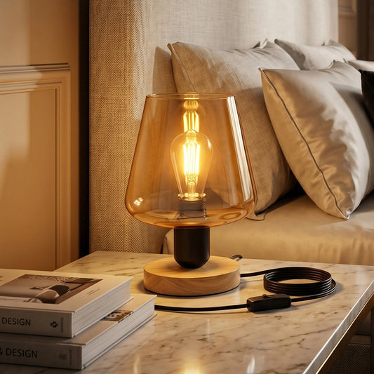 Amber Vintage Glass Table Lamp with Wooden Base & Inline Switch ~6678