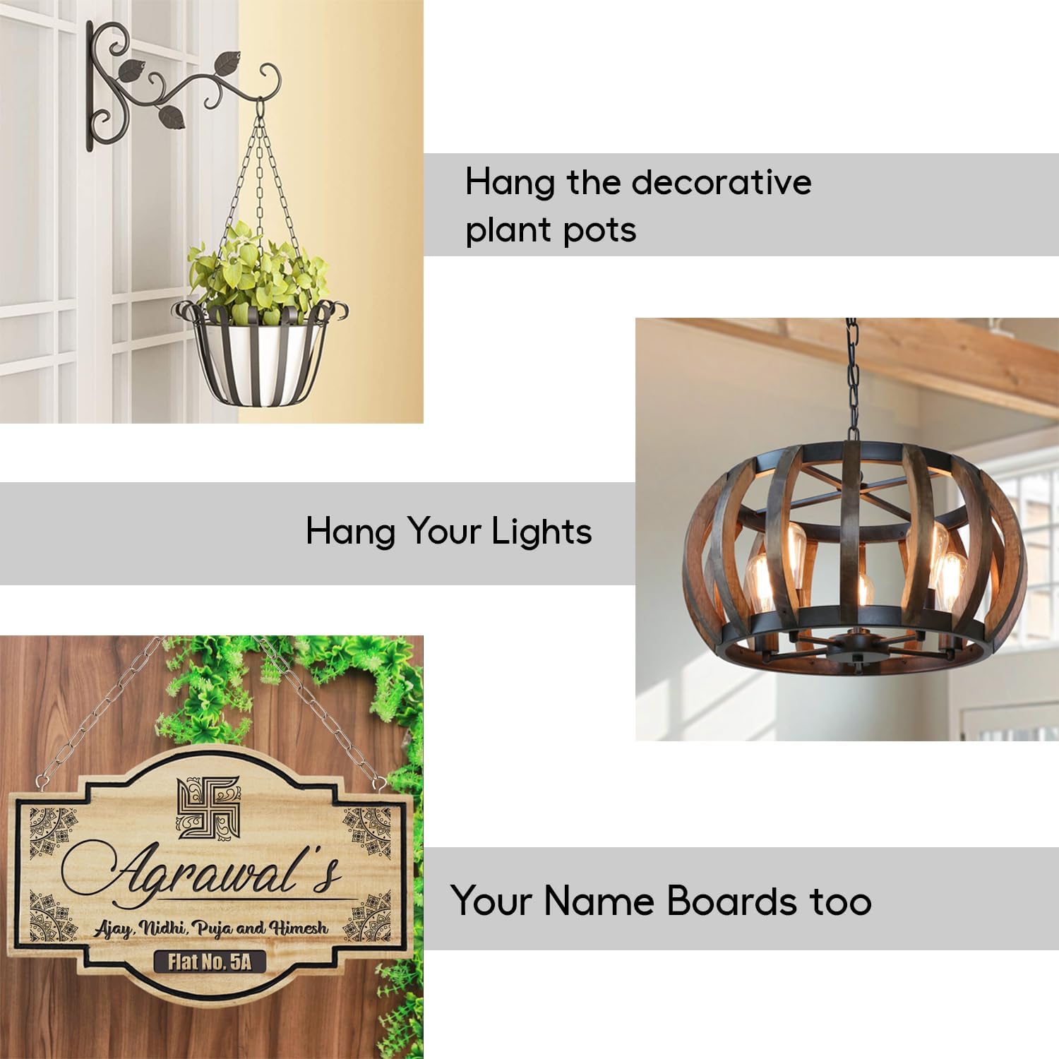 Decorative plant pot, hanging light fixture, and name board on a collage background.