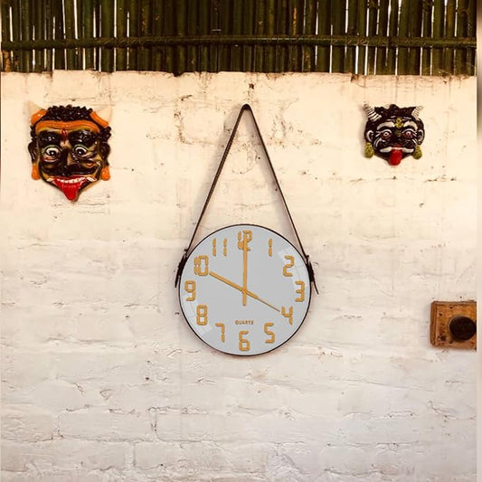 Moderne leren riem wandklok in mid-century stijl ~ 5177