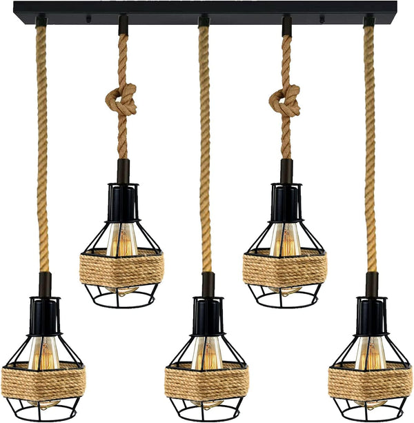 Industrial Hemp Rope Pendant Light - Black Cage  E27 Ceiling Chandelier | Adjustable Height ~6203 – Rectangle 5 + Bulbs