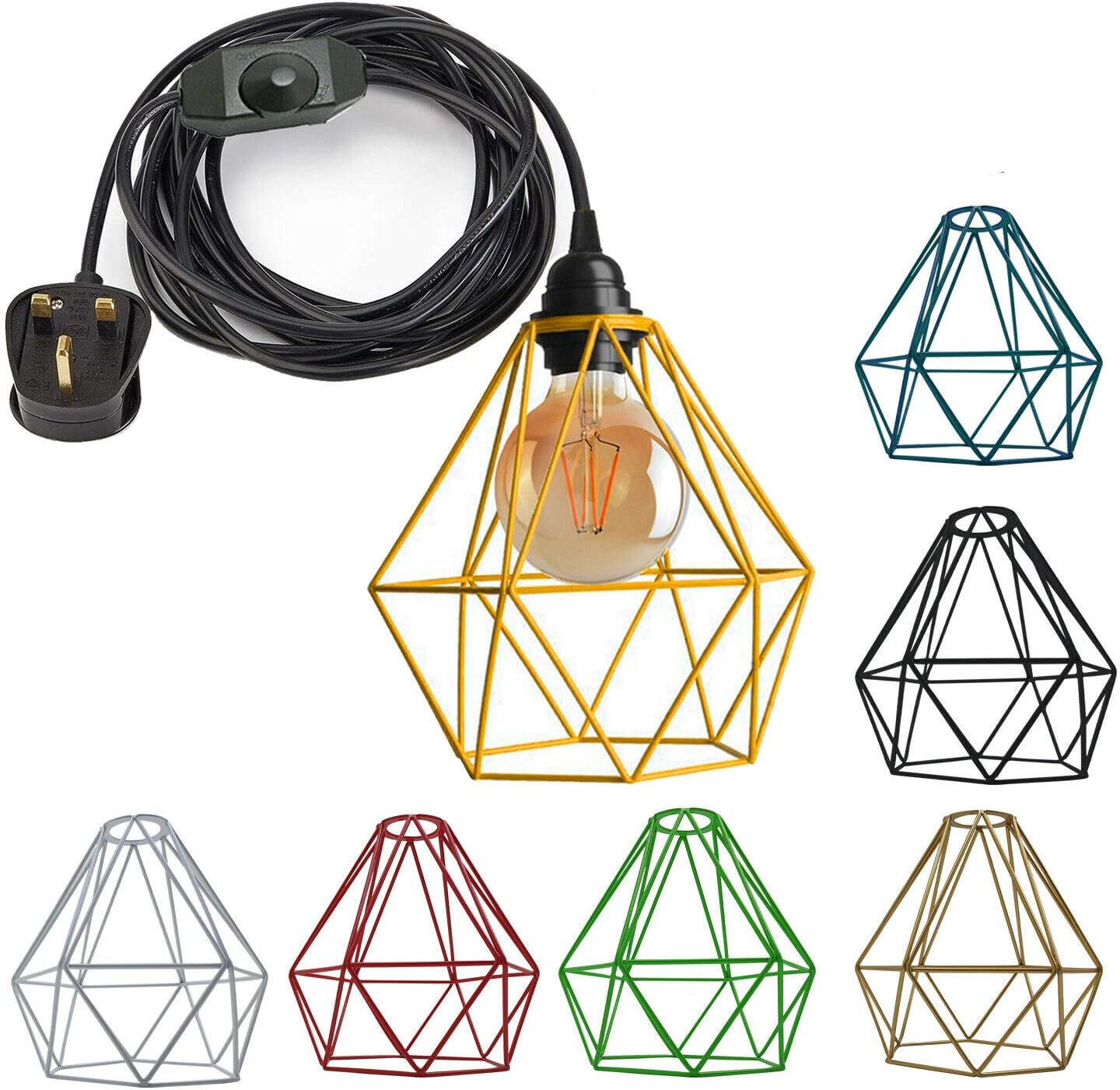 Geometric wire lamp with various color options and a coiled black cable.