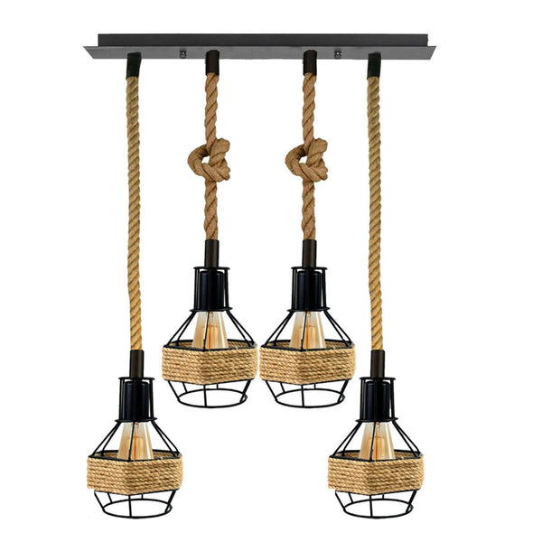 Industrial Hemp Rope Pendant Light - Black Cage  E27 Ceiling Chandelier | Adjustable Height ~6203 – Rectangle 4 + Bulbs