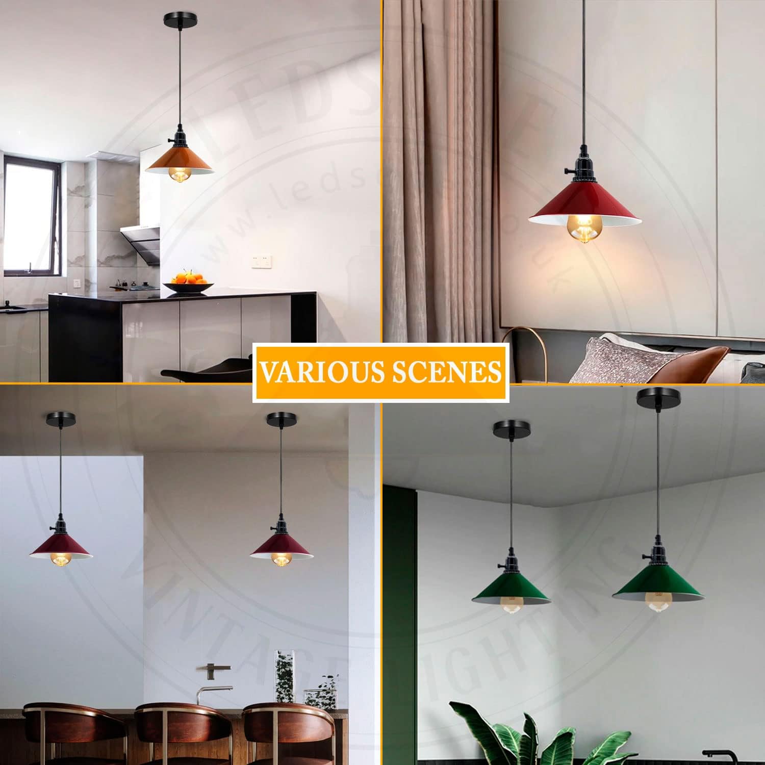 Collage of pendant lights in different settings including a kitchen and living room.