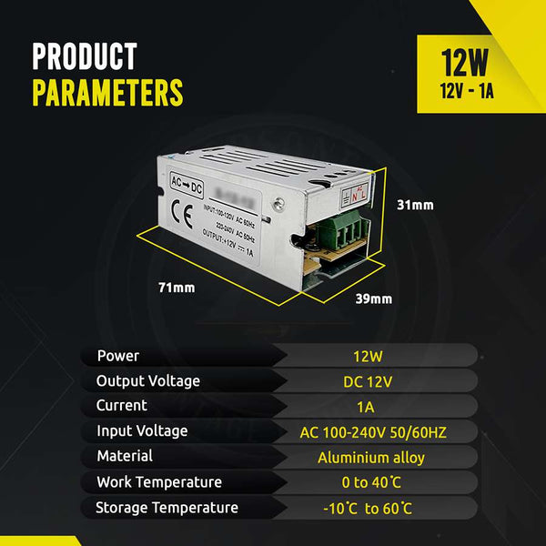 AC 100/240V naar DC12V 12W -720W gereguleerde schakelende voeding LED-transformatordriver~1406 – 12W