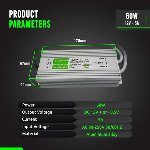 IP67 DC 12V waterdichte LED-driver LED-voeding Ledsone-transformator ~ 4490 – 60W enkel stopcontact