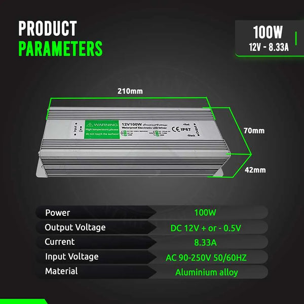 IP67 DC 12V waterdichte LED-driver LED-voeding Ledsone-transformator ~ 4490 – 100W