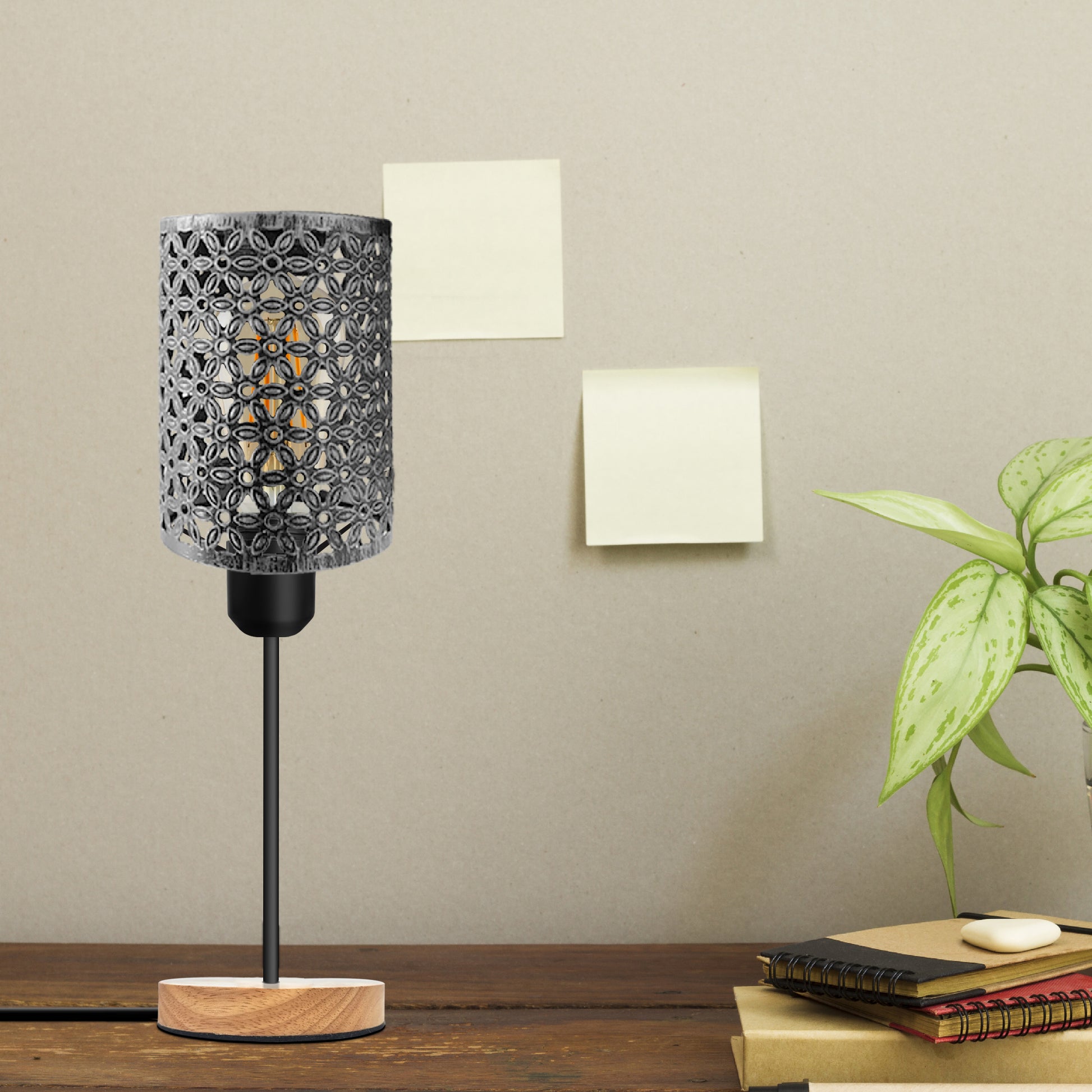 Brushed silver Metal lamp Light Wooden base metal stand light